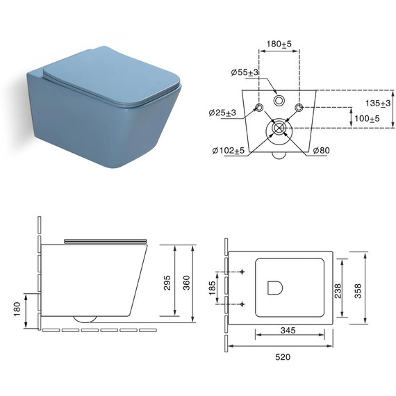 Унитаз подвесной безободковый SantiLine SL-5007BL с тонкой крышкой микролифт, голубой матовый - фото 4