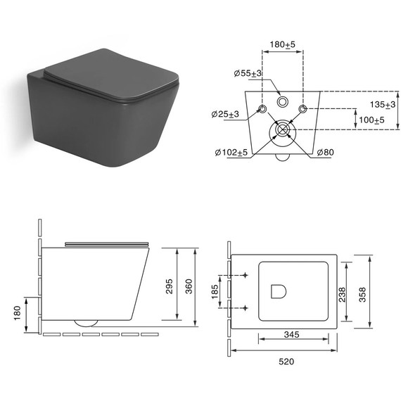Унитаз подвесной безободковый SantiLine SL-5007DG с тонкой крышкой микролифт, тёмно-серый матовый - фото 5