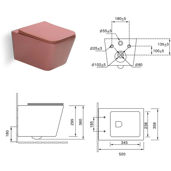 Унитаз подвесной безободковый SantiLine SL-5007P с тонкой крышкой микролифт, персиковый матовый - фото 4