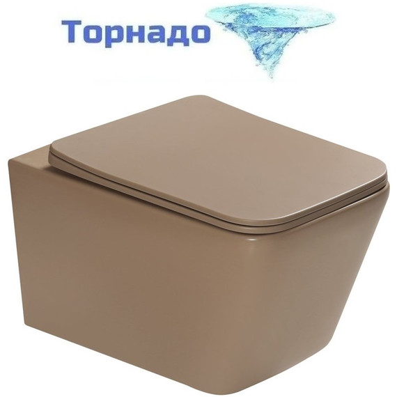 Унитаз подвесной безободковый SantiLine SL-5007T-KH с тонкой крышкой микролифт (система смыва Торнадо) светло-коричневый матовый - фото 