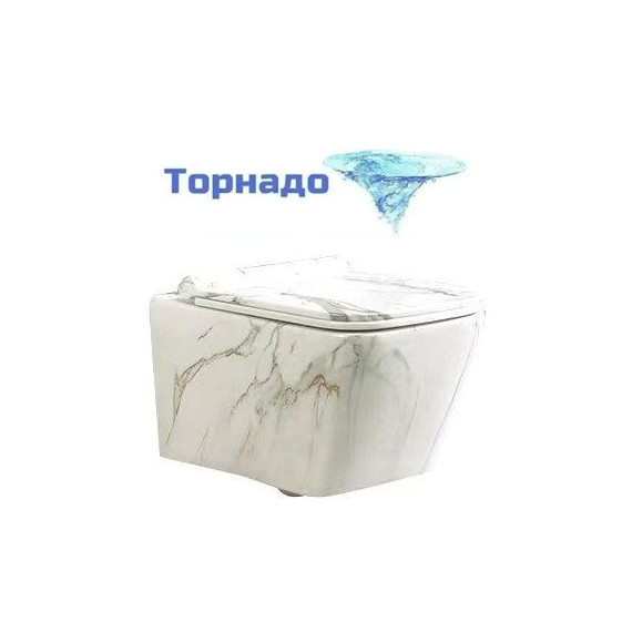 Унитаз подвесной безободковый SantiLine SL-5007T-MRB с тонкой крышкой микролифт (система смыва Торнадо) под мрамор - фото 