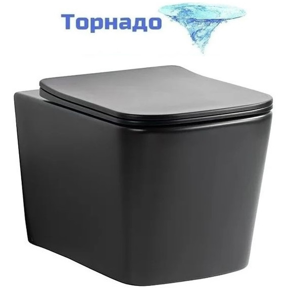 Унитаз подвесной безободковый SantiLine SL-5027MB с тонкой крышкой микролифт (система смыва Торнадо) чёрный матовый - фото 