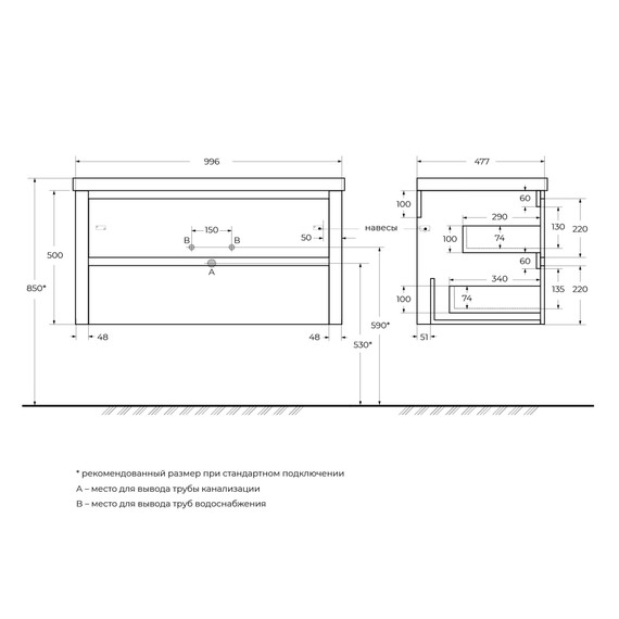 Тумба подвесная с раковиной Cezares 100 см RELAX-1000-2C-SO-GM, оружейная сталь - фото 4