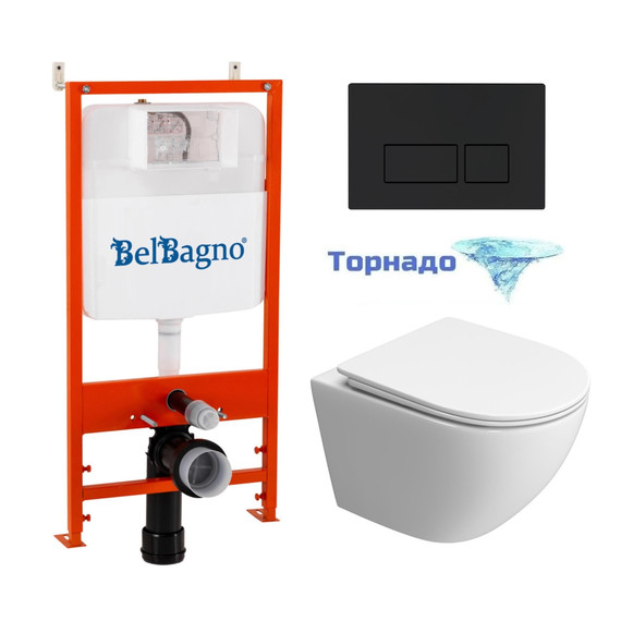 Инсталляция с подвесным унитазом комплект: BelBagno Uno BB5177CH-TOR/SC/BB026/BB044NERO с подвесным безободковым унитазом, сиденье микролифт, крепление, кнопка смыва чёрный (система смыва торнадо) - фото 