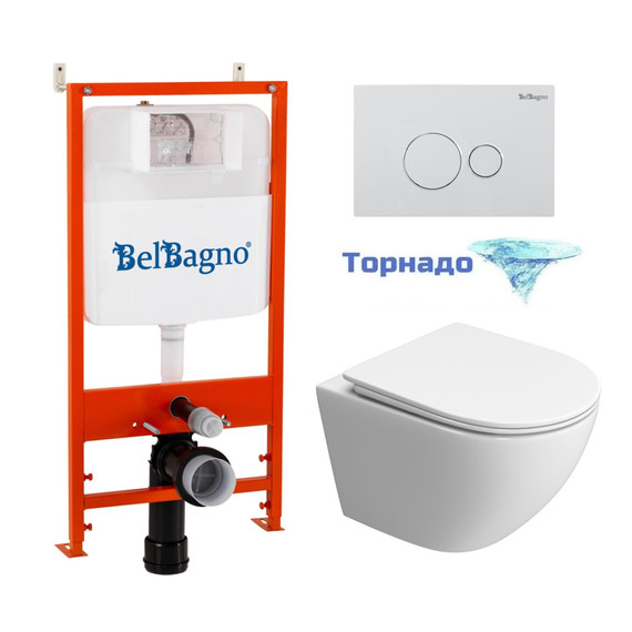 Инсталляция с подвесным унитазом комплект: BelBagno Uno BB5177CH-TOR/SC/BB026/BB082BL с подвесным безободковым унитазом, сиденье микролифт, крепление, кнопка смыва белая (система смыва торнадо) - фото 