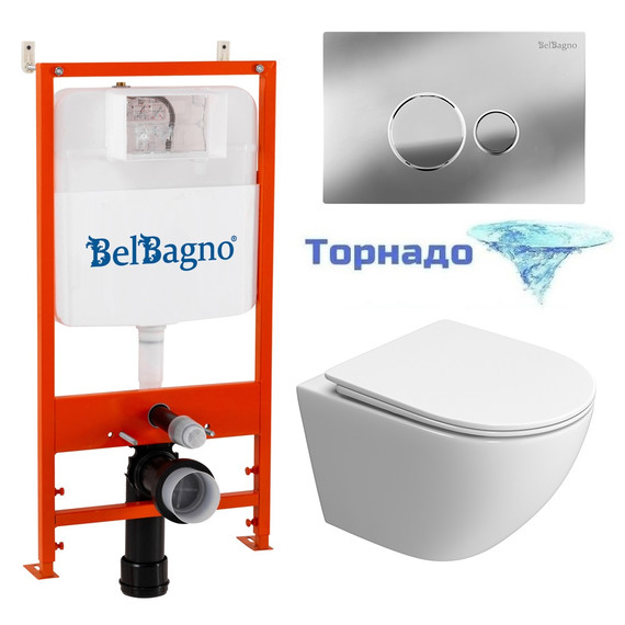 Инсталляция с подвесным унитазом комплект: BelBagno Uno BB5177CH-TOR/SC/BB026/BB081CR с подвесным безободковым унитазом, сиденье микролифт, крепление, кнопка смыва хром (система смыва торнадо) - фото 