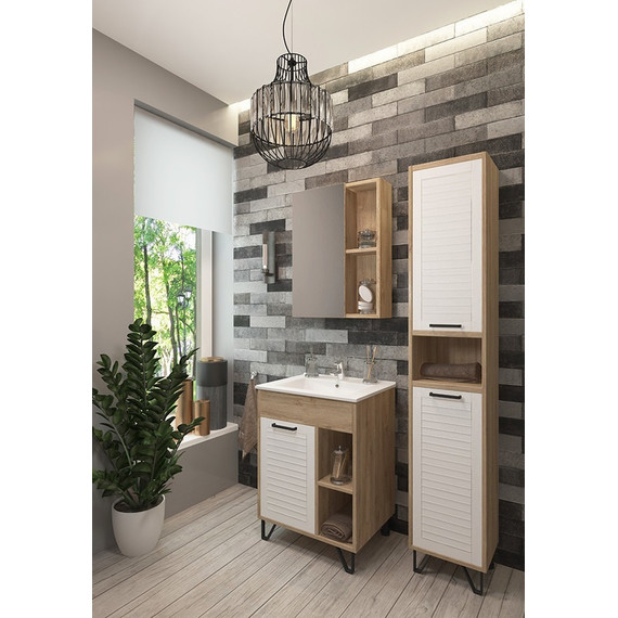 Пенал напольный EvaGold Olsen 35 см EG010043, белое дерево/дуб баррик - фото 2