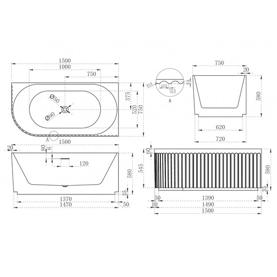 Ванна акриловая Abber AB9412-1.5 R 150x75 см - фото 11