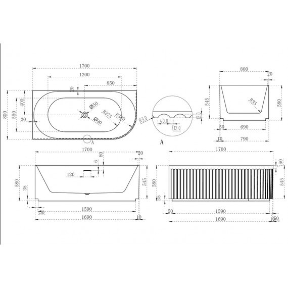 Ванна акриловая Abber AB9412-1.7 L 170x80 см - фото 11