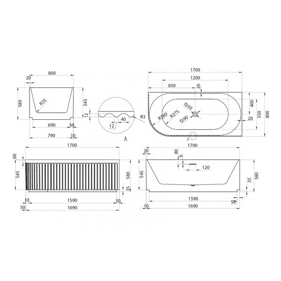 Ванна акриловая Abber AB9412-1.7 R 170x80 см - фото 11