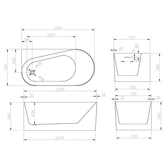 Ванна акриловая Abber AB9496-1.5 L 150x75 см - фото 10
