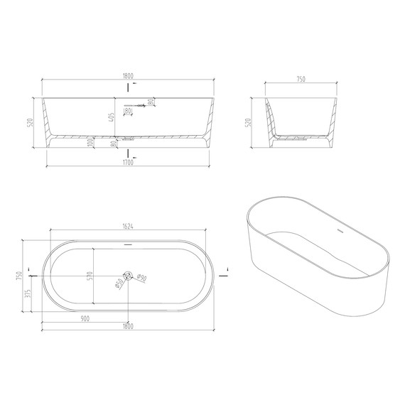 Ванна отдельностоящая Abber Stein 180x75 см AS9614, белый матовый - фото 10