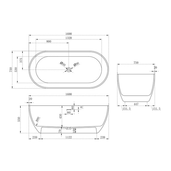 Ванна отдельностоящая Abber Stein 160x75 см AS9613-1.6, Размер - мм: 1600х750 - фото 10