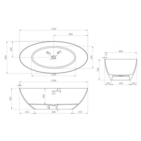 Ванна отдельностоящая Abber Stein 170x80 см AS9625-1.7, белый матовый, Размер - мм: 1700х800 - фото 13