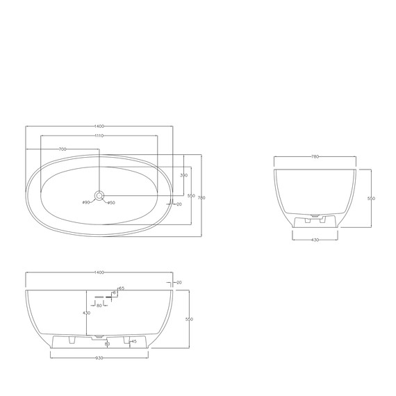 Ванна каменная Abber Stein 140x78 см AS9641-1.4, белый матовый, Размер - мм: 1400х800 - фото 11