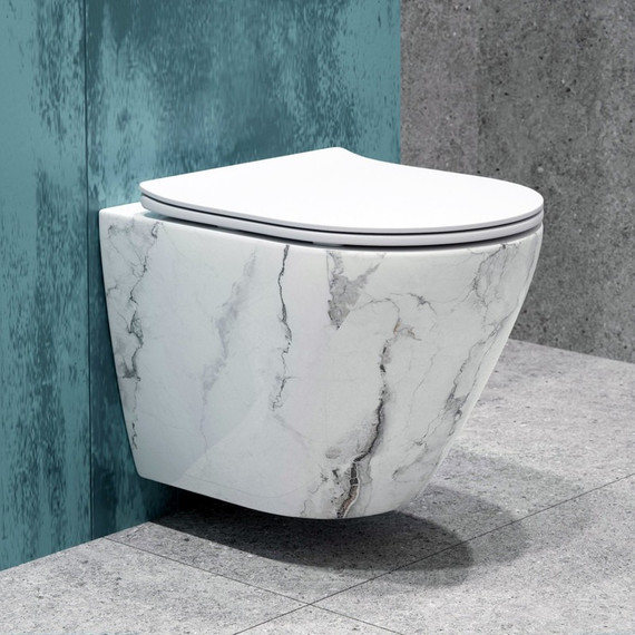 Унитаз подвесной безободковый EvaGold EG070017 с тонкой крышкой микролифт, белый мрамор - фото, картинка  Унитаз подвесной безободковый EvaGold EG070017 с тонкой крышкой микролифт, белый мрамор - фото