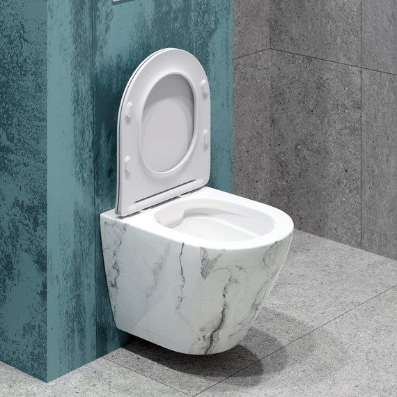 Унитаз подвесной безободковый EvaGold EG070017 с тонкой крышкой микролифт, белый мрамор - фото, картинка 3 Унитаз подвесной безободковый EvaGold EG070017 с тонкой крышкой микролифт, белый мрамор - фото 3