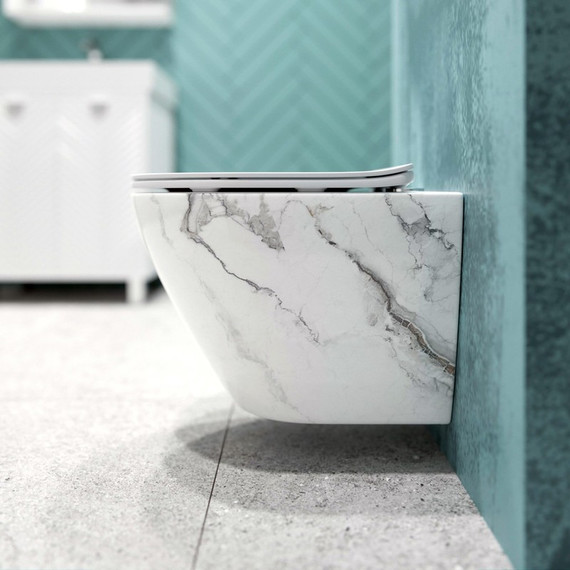 Унитаз подвесной безободковый EvaGold EG070017 с тонкой крышкой микролифт, белый мрамор - фото, картинка 4 Унитаз подвесной безободковый EvaGold EG070017 с тонкой крышкой микролифт, белый мрамор - фото 4