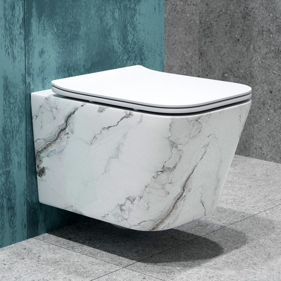 Унитаз подвесной безободковый EvaGold EG070018 с тонкой крышкой микролифт, белый мрамор - фото, картинка  Унитаз подвесной безободковый EvaGold EG070018 с тонкой крышкой микролифт, белый мрамор - фото