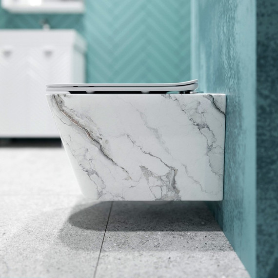 Унитаз подвесной безободковый EvaGold EG070018 с тонкой крышкой микролифт, белый мрамор - фото, картинка 5 Унитаз подвесной безободковый EvaGold EG070018 с тонкой крышкой микролифт, белый мрамор - фото 5