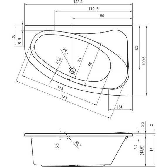 Ванна акриловая Riho LYRA 153x100 см B022001005 L, Размер - мм: 1530х1000 - фото 6