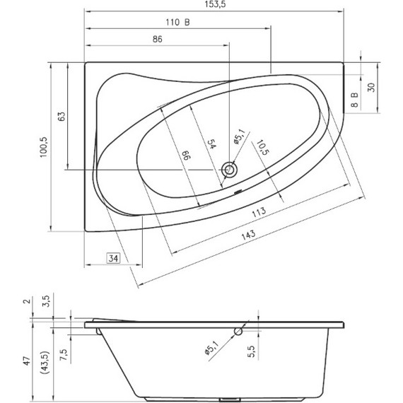 Ванна акриловая Riho LYRA 153x100 см B021001005 R, Размер - мм: 1530х1000 - фото 6