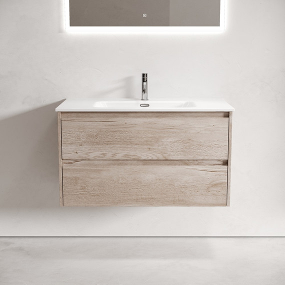 Тумба подвесная с раковиной-столешницей Sancos Libra 90 см LB90EG, дуб галифакс натуральный (раковина Element CN7002) - фото 