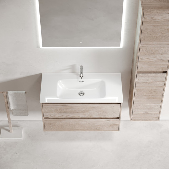 Тумба подвесная с раковиной-столешницей Sancos Libra 90 см LB90EG, дуб галифакс натуральный (раковина Element CN7002) - фото 5