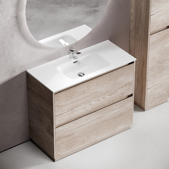 Тумба напольная с раковиной-столешницей Sancos Libra Floor 100 см LB100FEG, дуб галифакс натуральный (раковина Element CN7003) - фото 7