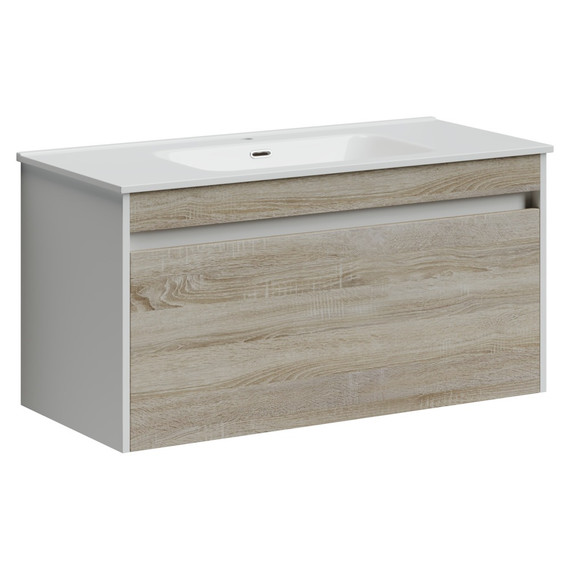 Тумба подвесная с раковиной-столешницей Sancos Smart 100 см SM100E, дуб бардолино/белый - фото 