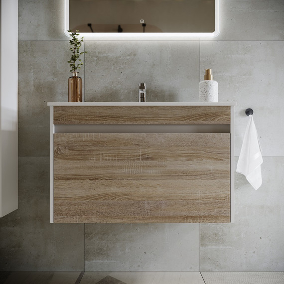 Тумба подвесная с раковиной-столешницей Sancos Smart 80 см SM80E, дуб бардолино/белый - фото 3