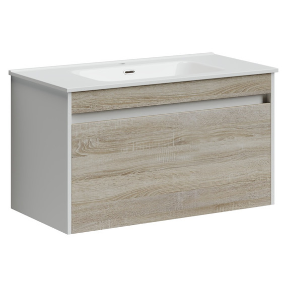 Тумба подвесная с раковиной-столешницей Sancos Smart 90 см SM90E, дуб бардолино/белый - фото 