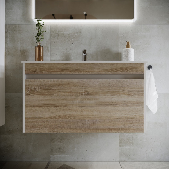 Тумба подвесная с раковиной-столешницей Sancos Smart 90 см SM90E, дуб бардолино/белый - фото 3