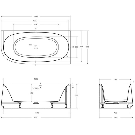 Ванна акриловая Cezares Lux 165x80 см CZR-LUX-CORNER-165-80-58-R - фото 6