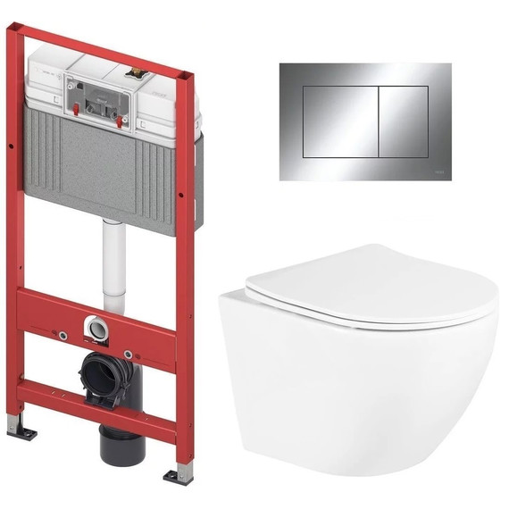 Инсталляция с подвесным унитазом комплект: TECEbase 2.0 9400412 с подвесным безободковым унитазом BelBagno Uno BB3105CHR/SC сиденье микролифт, крепление, кнопка смыва хром глянцевый - фото 