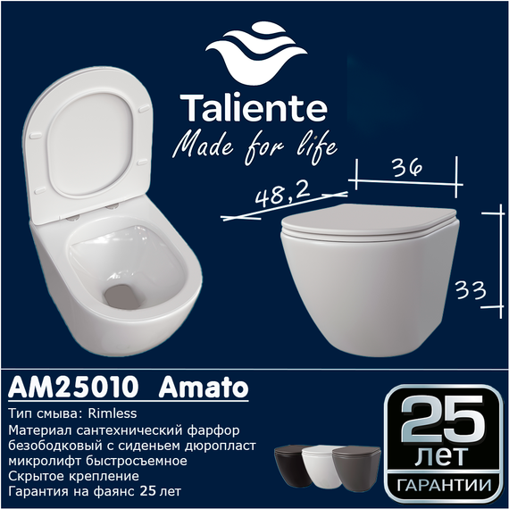 Унитаз подвесной безободковый Taliente Amato AM25010 Nero с крышкой микролифт, чёрный матовый - фото 