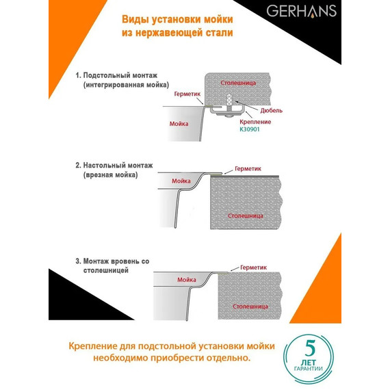 Кухонная мойка Gerhans K37851-R 1 мм, нержавеющая сталь R, Цвет производителя: нержавеющая сталь - фото 6