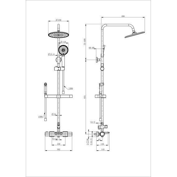 Душевая стойка с термостатом и гигиеническим душем Wonzon & Woghand Plate WW-C3017-A1-MB, чёрный матовый - фото 2