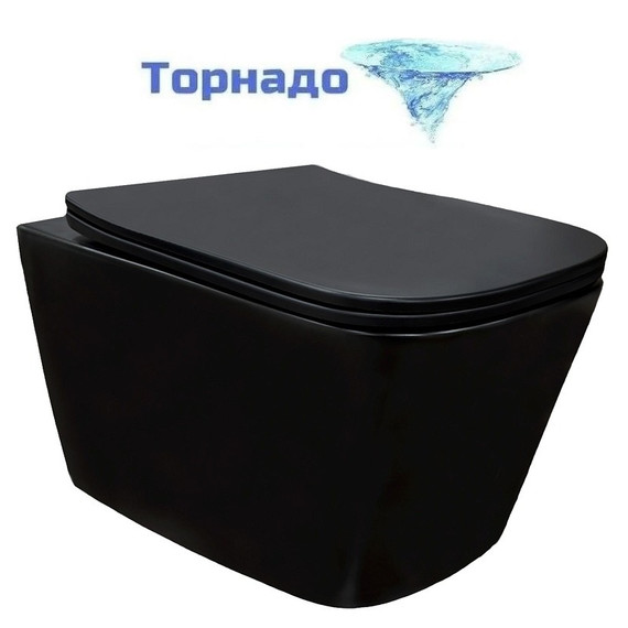 Унитаз подвесной безободковый Azario Cascad-Black AZ-2303A-MB с быстросъемным сиденьем микролифт (система смыва Торнадо) чёрный матовый - фото 