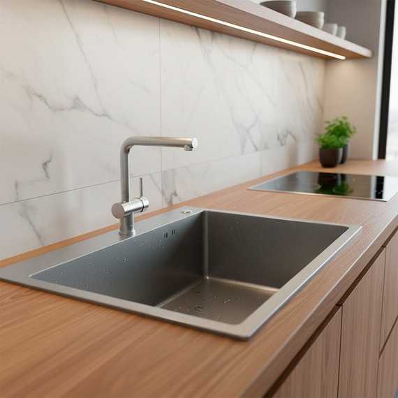 Кухонная мойка Azario Nicole AZG6050H (сифон, дозатор и коландер в комплекте) серая соты - фото 5