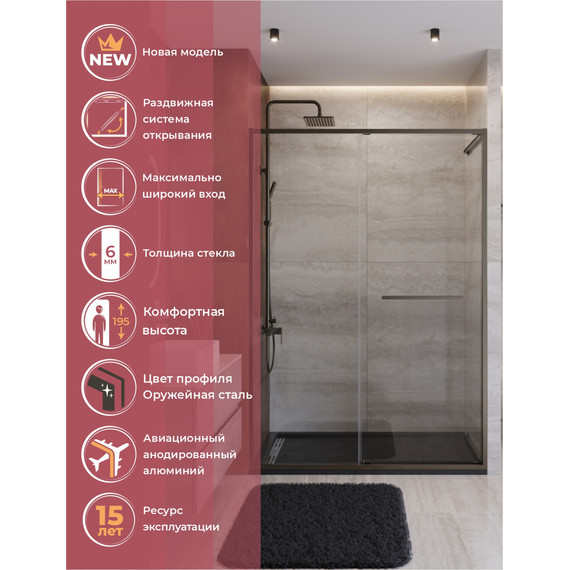 Душевая дверь Cezares Lux 140 см LUX-B-FS-11-140-C-GM, оружейная сталь/прозрачное - фото 2