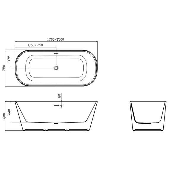 Ванна отдельностоящая Azario Creo Ceramique Crisp 150x75 см AZ-8692-1.5, в комплекте с сифоном и металлической рамой - фото 3