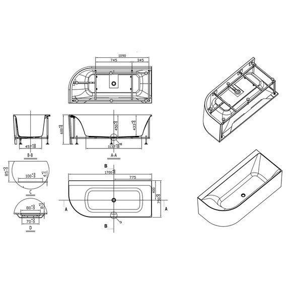 Ванна акриловая Azario Creo Ceramique Mist B 170x75 см AZ-8649-B-1.7, в комплекте с сифоном и металлической рамой - фото 3