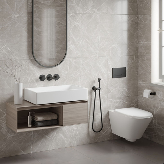 Смеситель для раковины настенный с термостатом и с гигиеническим душем Timo Saona 2383/03SM (со скрытой частью) чёрный матовый - фото 4