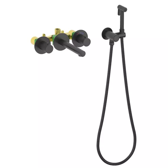 Смеситель для раковины настенный с термостатом и с гигиеническим душем Timo Saona 2383/03SM (со скрытой частью) чёрный матовый - фото 