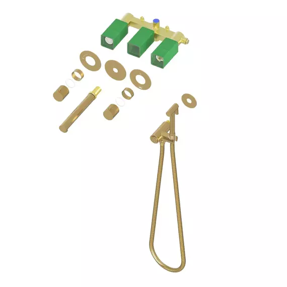 Смеситель для раковины настенный с термостатом и с гигиеническим душем Timo Saona 2383/17SM (со скрытой частью) золото матовое - фото 5