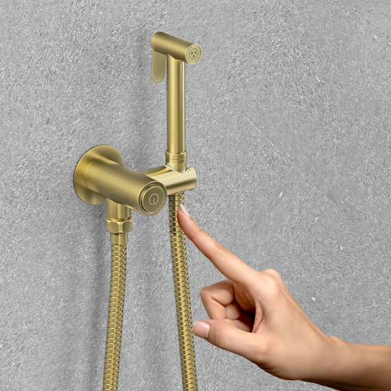 Смеситель для раковины настенный с термостатом и с гигиеническим душем Timo Saona 2383/17SM (со скрытой частью) золото матовое - фото 3