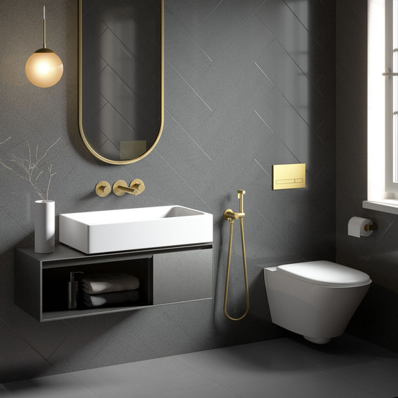 Смеситель для раковины настенный с термостатом и с гигиеническим душем Timo Saona 2383/17SM (со скрытой частью) золото матовое - фото 4