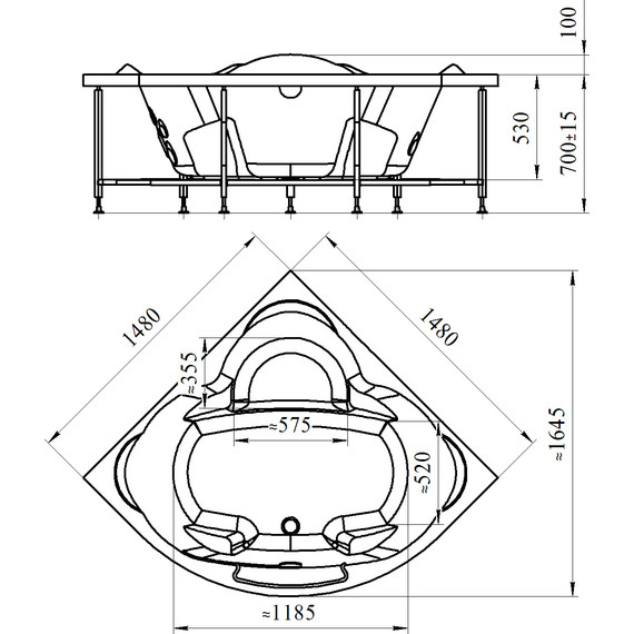 Ванна акриловая Радомир Сорренто 148x148 см (в комплекте каркас и сифон), Размер - мм: 1500х1500 - фото 5