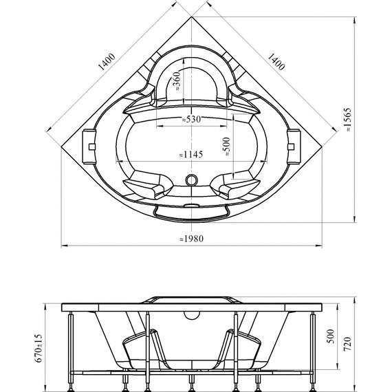 Ванна акриловая Радомир Сорренто 140x140 см (в комплекте каркас и сифон), Размер - мм: 1400х1400 - фото 4